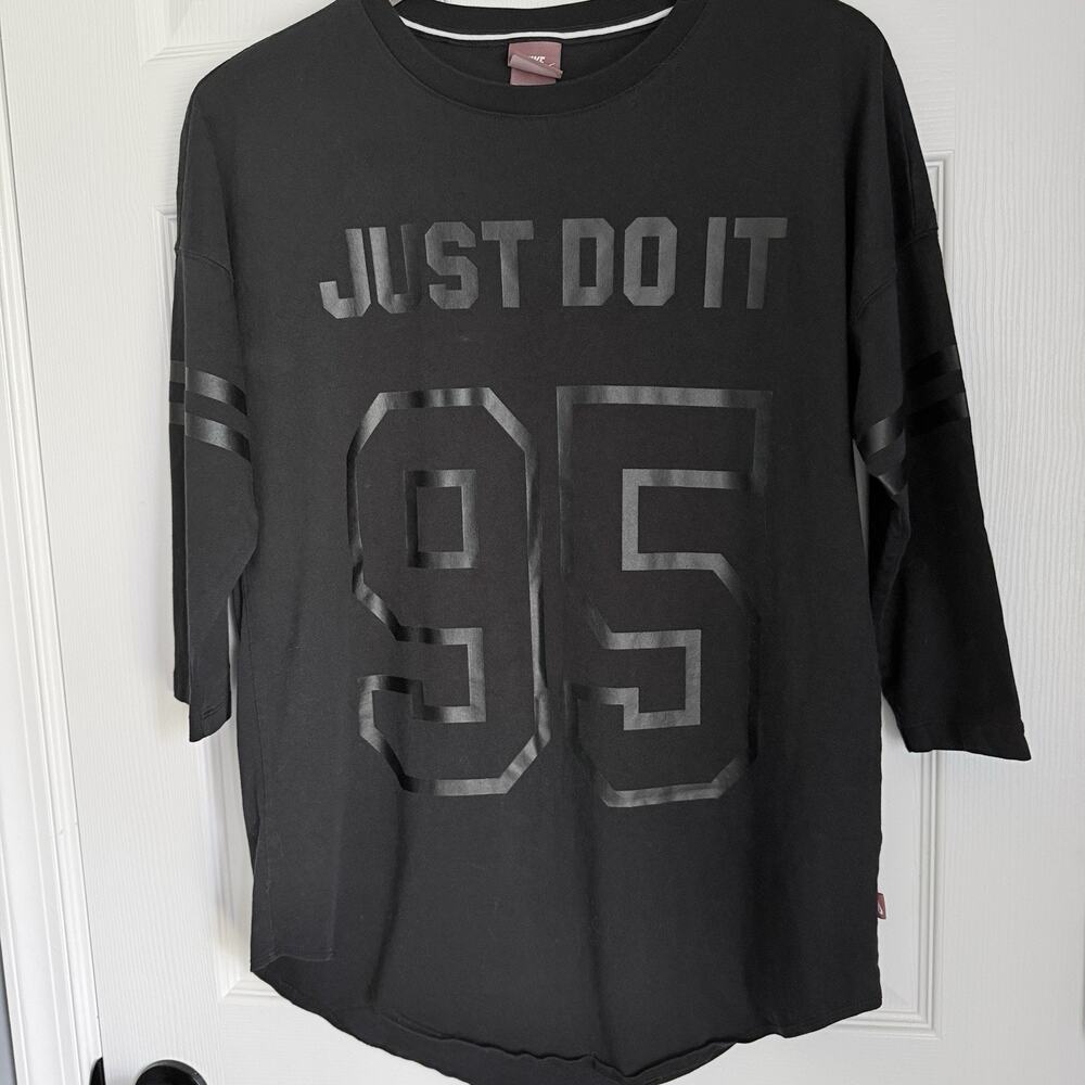 Nike Just Do It 95 Shirt Womens L Black Varsity 3/4 Sleeve Athletic